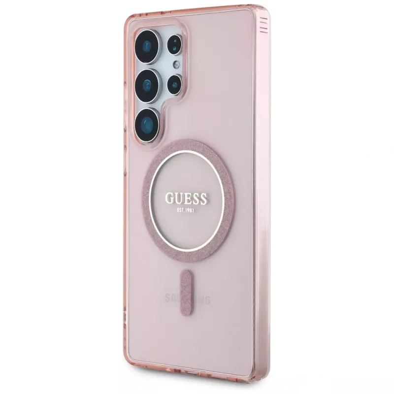 GUESS Glitter Circle Classic Logo apsauginis dėklas su MagSafe, skirtas Samsung Galaxy S25 Ultra - rožinis