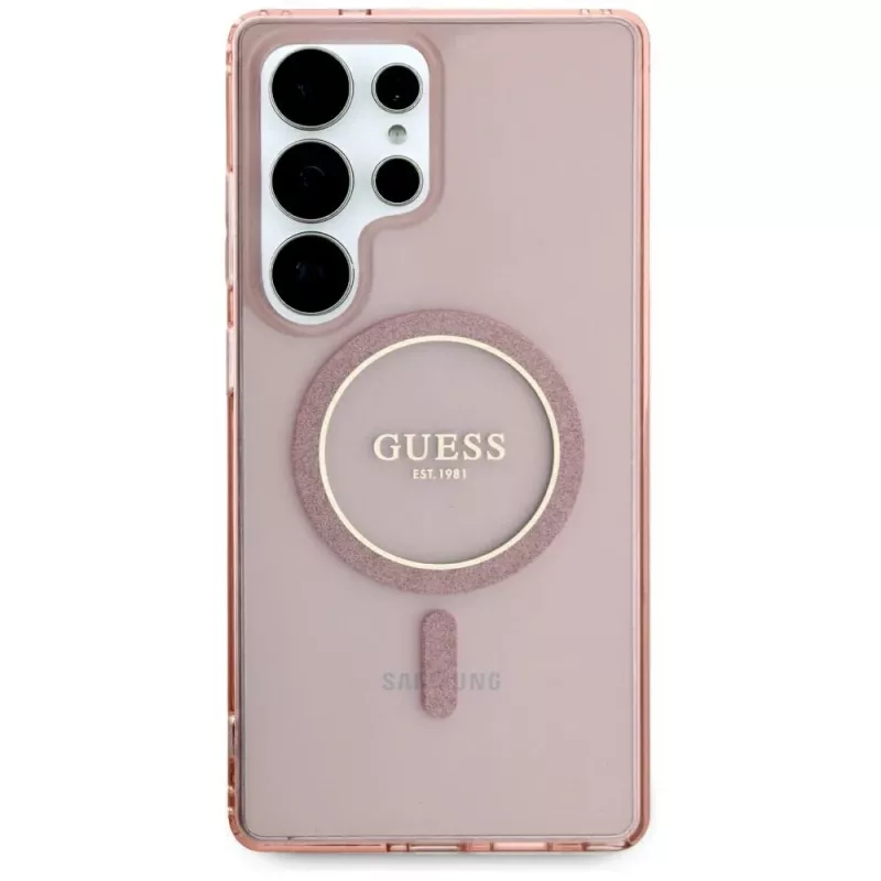 GUESS Glitter Circle Classic Logo apsauginis dėklas su MagSafe, skirtas Samsung Galaxy S25 Ultra - rožinis