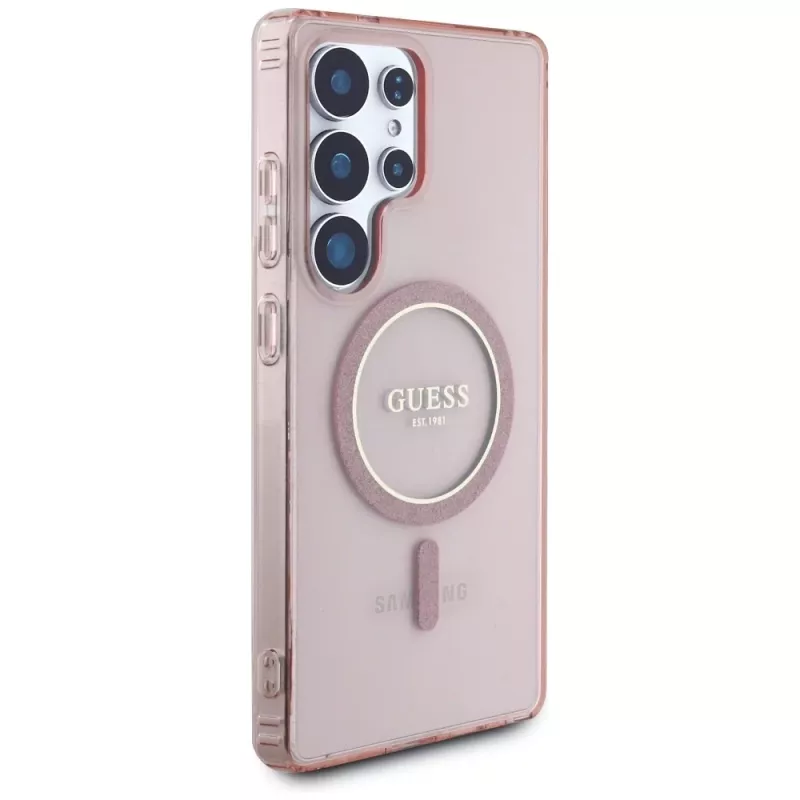 GUESS Glitter Circle Classic Logo apsauginis dėklas su MagSafe, skirtas Samsung Galaxy S25 Ultra - rožinis