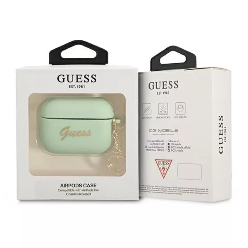 GUESS GUAPLSCHSN AirPods Pro dėklas žalias silikoninis Charm Heart kolekcija