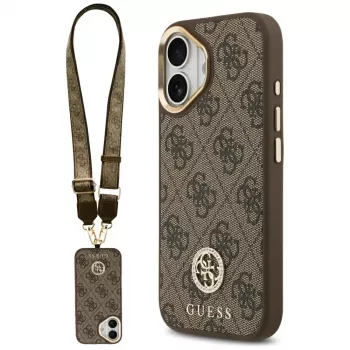 GUESS 4G Strass Logotipas ir Didelis Dirželis su Metaliniais Mygtukais MagSafe Dėklas, skirtas iPhone 17 - Ruda