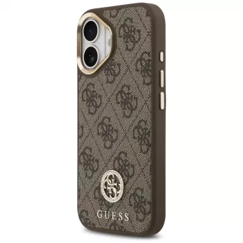 GUESS 4G Strass Logotipas ir Didelis Dirželis su Metaliniais Mygtukais MagSafe Dėklas, skirtas iPhone 17 - Ruda