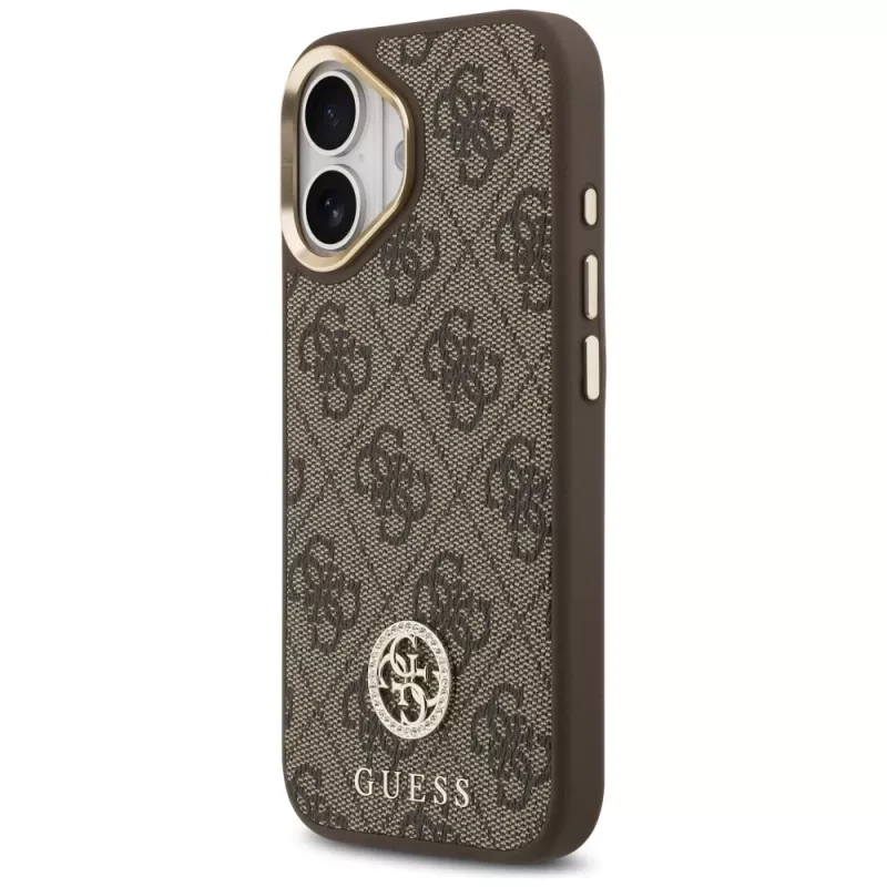 GUESS 4G Strass Logotipas ir Didelis Dirželis su Metaliniais Mygtukais MagSafe Dėklas, skirtas iPhone 17 - Ruda
