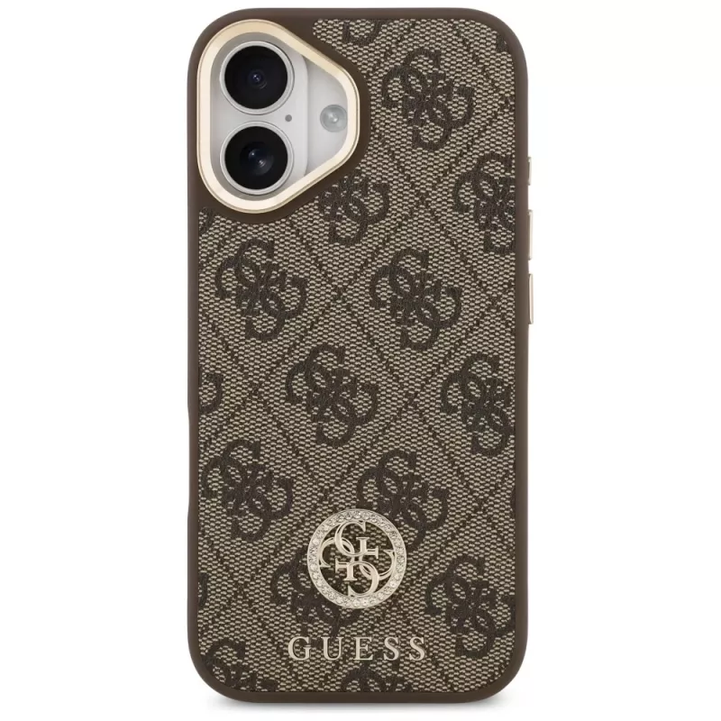 GUESS 4G Strass Logotipas ir Didelis Dirželis su Metaliniais Mygtukais MagSafe Dėklas, skirtas iPhone 17 - Ruda