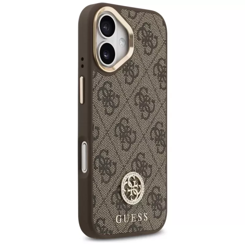 GUESS 4G Strass Logotipas ir Didelis Dirželis su Metaliniais Mygtukais MagSafe Dėklas, skirtas iPhone 17 - Ruda