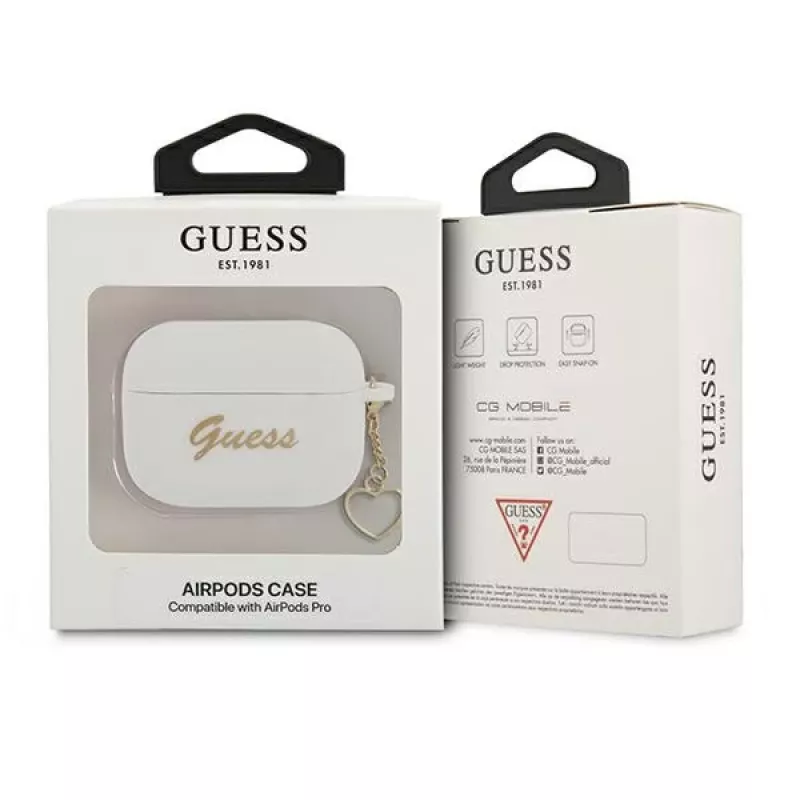 Guess GUAPLSCHSH AirPods Pro dėklas baltas silikoninis su širdelės pakabuku, Charm Heart kolekcija