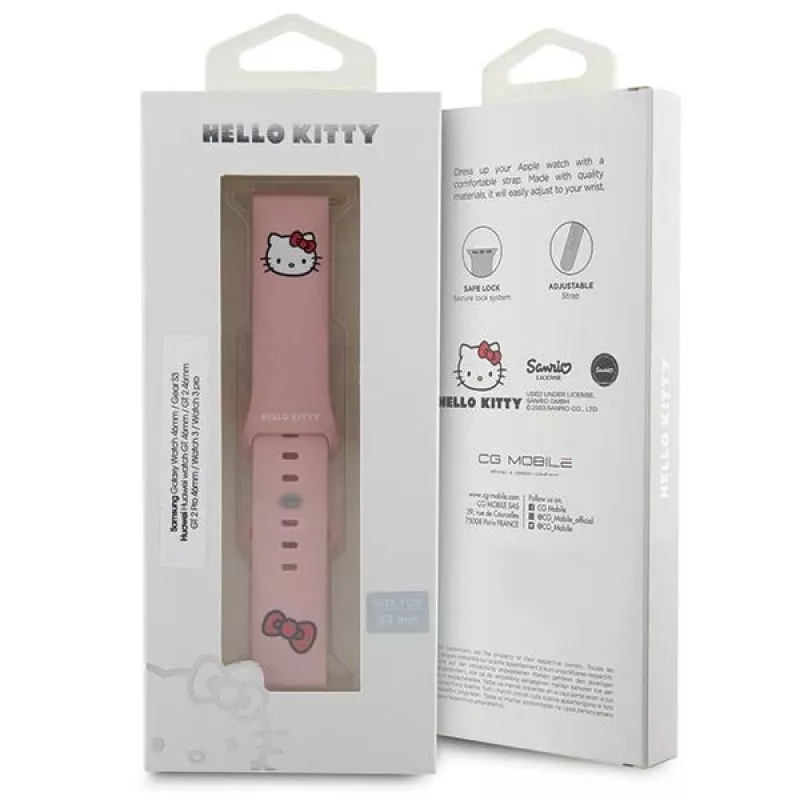 Hello Kitty Universalus silikoninis laikrodžio dirželis 22 mm, rožinis, su Kitty galvutės dizainu