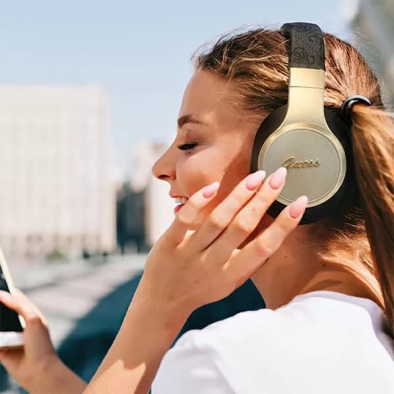 GUESS GUBH604GEMK Bluetooth ausinės per ausį, juodos, 4G Script