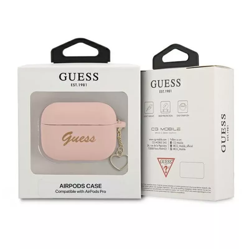 GUESS AirPods Pro dangtelis rožinis silikoninis Charm Heart kolekcija
