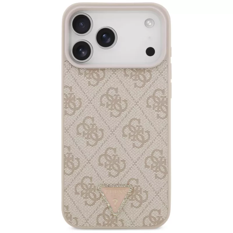 GUESS Leather 4G Triangle Strass MagSafe dėklas, skirtas iPhone 18 Pro Max / 17 Pro Max - rožinis
