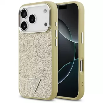 GUESS Glitter Triangle Logo MagSafe dėklas, skirtas iPhone 17 Pro - auksinis