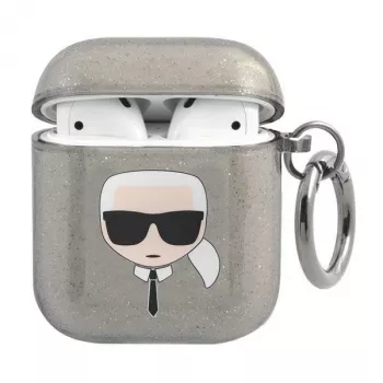 Karl Lagerfeld KLA2UKHGK AirPods 1/2 dėklas juodas su blizgučiais, Karlo galva