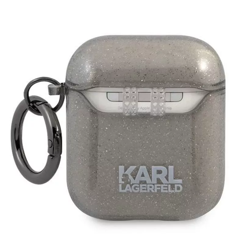 Karl Lagerfeld KLA2UKHGK AirPods 1/2 dėklas juodas su blizgučiais, Karlo galva
