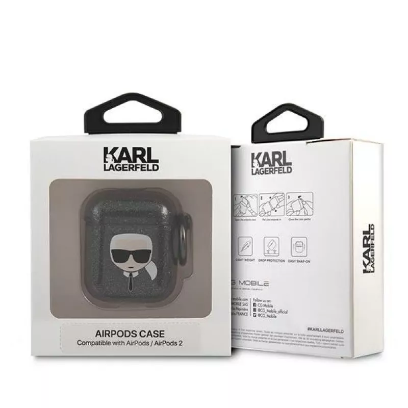 Karl Lagerfeld KLA2UKHGK AirPods 1/2 dėklas juodas su blizgučiais, Karlo galva