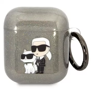 Karl Lagerfeld KLA2HNKCTGK AirPods 1/2 dėklas juodas su blizgučiais Karl & Choupette
