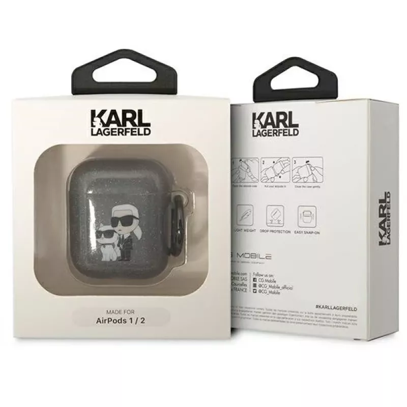 Karl Lagerfeld KLA2HNKCTGK AirPods 1/2 dėklas juodas su blizgučiais Karl & Choupette