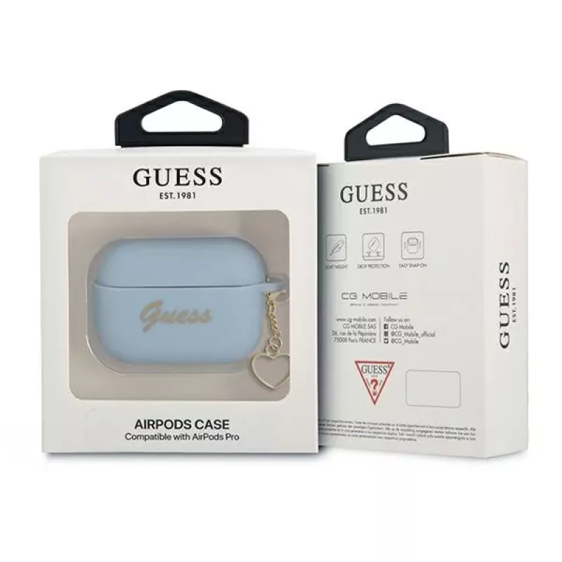 Guess GUAPLSCHSB AirPods Pro dėklas mėlynas, silikoninis, Charm Heart kolekcija