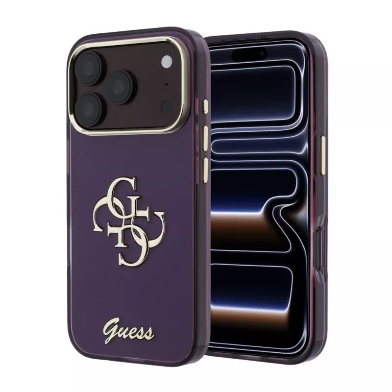 GUESS 4G Script Metal dėklas Apple iPhone 18 Pro / 17 Pro – bordo spalvos