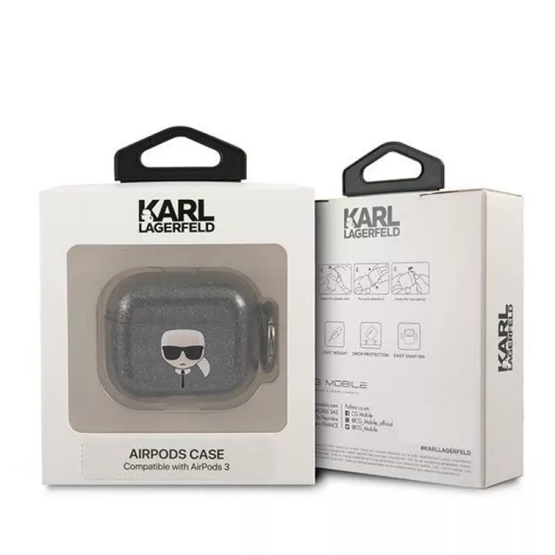 Karl Lagerfeld KLA3UKHGK AirPods 3 dėklas juodas su blizgučiais Karl's Head