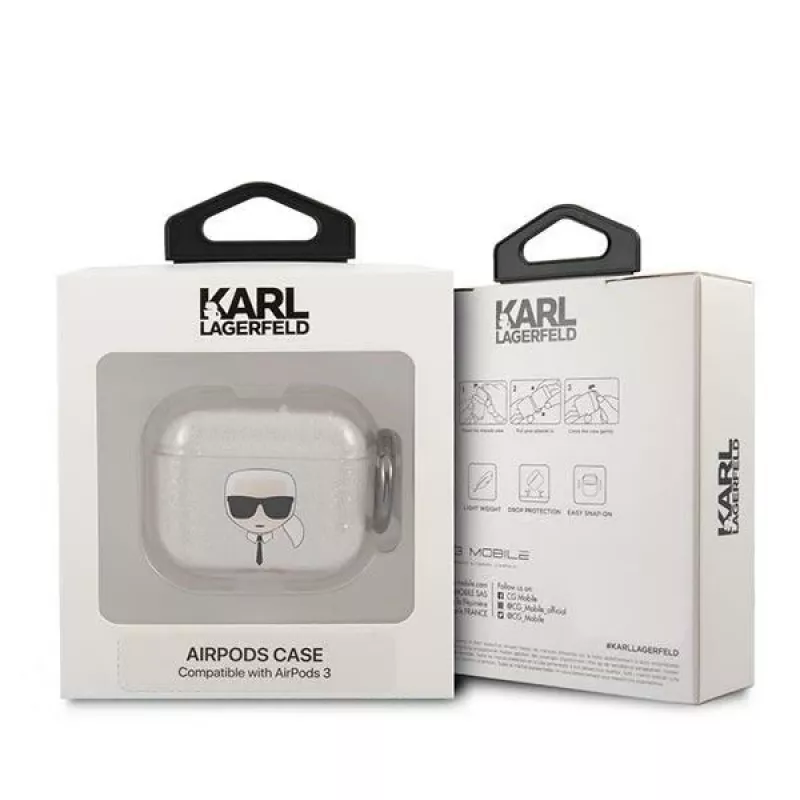 Karl Lagerfeld KLA3UKHGS AirPods 3 dėklas sidabrinis su blizgučiais, Karl's Head