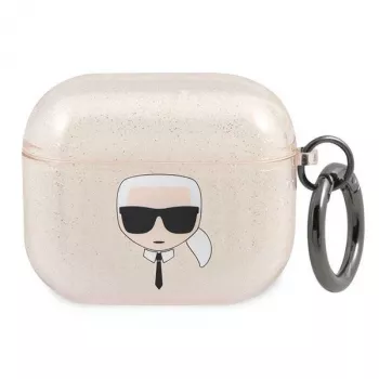 Karl Lagerfeld KLA3UKHGD AirPods 3 dėklas su blizgučiais, auksinis, Karl's Head