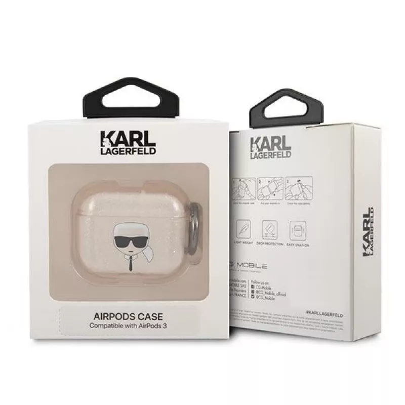 Karl Lagerfeld KLA3UKHGD AirPods 3 dėklas su blizgučiais, auksinis, Karl's Head