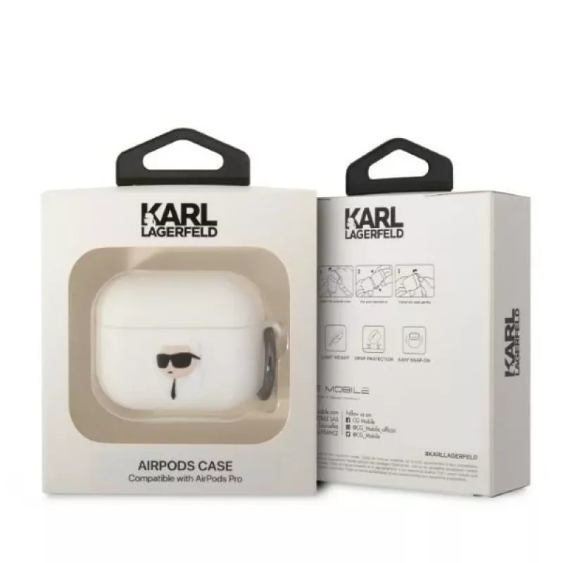 Karl Lagerfeld KLAPRUNIKH AirPods Pro dėklas baltas silikoninis Karl Head 3D