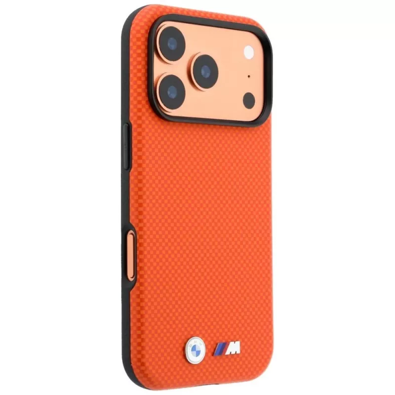 BMW M Quadrille Kevlar MagSafe dėklas, skirtas iPhone 17 Pro Max / 18 Pro Max – oranžinis su metaliniu logotipu