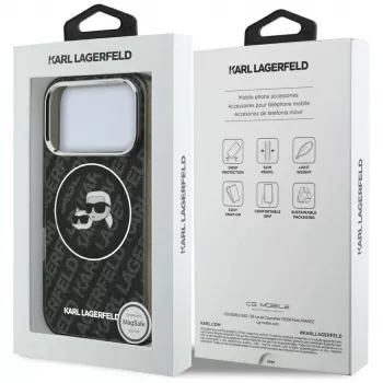 Karl Lagerfeld IML Glitter Karl & Choupette Heads Logo MagSafe dėklas, skirtas iPhone 17 Pro, juodas