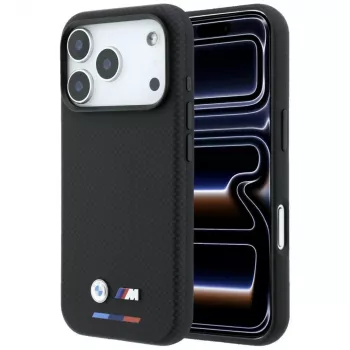 BMW M Quadrille Kevlar MagSafe dėklas, skirtas iPhone 18 Pro Max / 17 Pro Max – juodas su trijų spalvų juostelėmis ir metaliniu logotipu