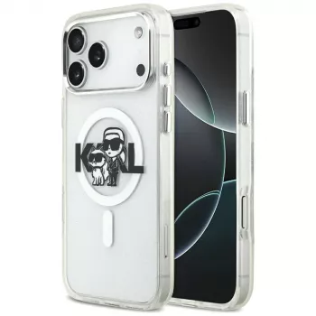 Karl Lagerfeld IML Glitter Karl & Choupette Sketch Logo MagSafe dėklas, skirtas iPhone 17 Pro Max, permatomas