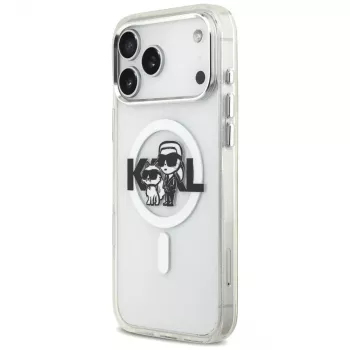Karl Lagerfeld IML Glitter Karl & Choupette Sketch Logo MagSafe dėklas, skirtas iPhone 17 Pro Max, permatomas