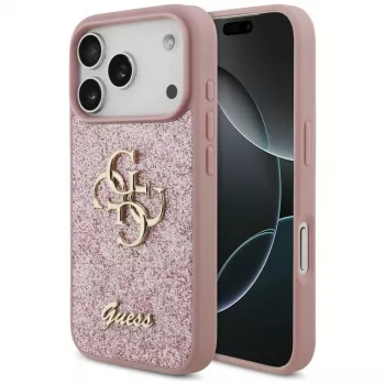 GUESS Fixed Glitter Big 4G dėklas, skirtas iPhone 18 Pro / 17 Pro – rožinis