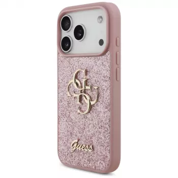 GUESS Fixed Glitter Big 4G dėklas, skirtas iPhone 18 Pro / 17 Pro – rožinis