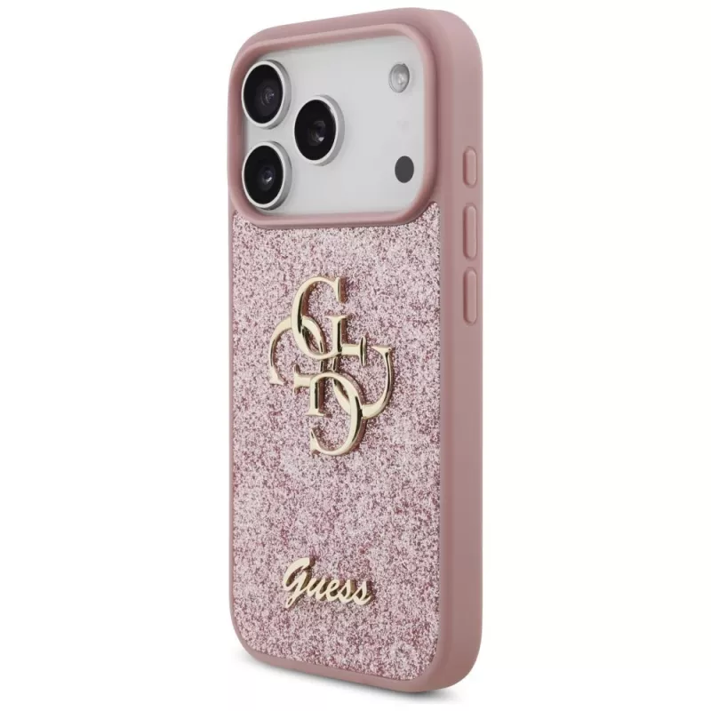 GUESS Fixed Glitter Big 4G dėklas, skirtas iPhone 18 Pro / 17 Pro – rožinis