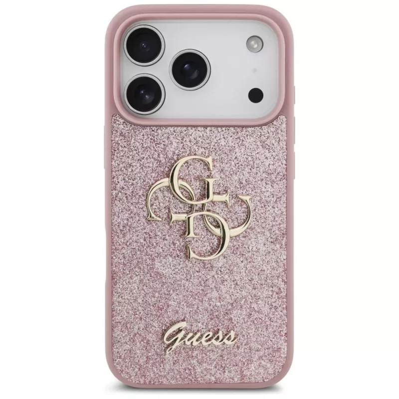 GUESS Fixed Glitter Big 4G dėklas, skirtas iPhone 18 Pro / 17 Pro – rožinis