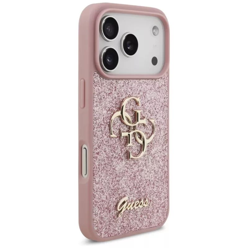 GUESS Fixed Glitter Big 4G dėklas, skirtas iPhone 18 Pro / 17 Pro – rožinis