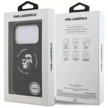 Karl Lagerfeld Silicone Karl & Choupette žiedo laikiklio MagSafe dėklas, skirtas iPhone 17 Pro Max - juodas