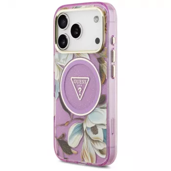 GUESS IML Glitter Flowers Triangle MagSafe dėklas, skirtas iPhone 18 Pro / 17 Pro - violetinė