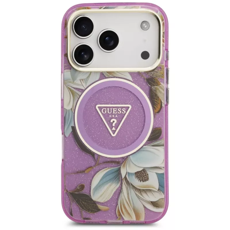 GUESS IML Glitter Flowers Triangle MagSafe dėklas, skirtas iPhone 18 Pro / 17 Pro - violetinė
