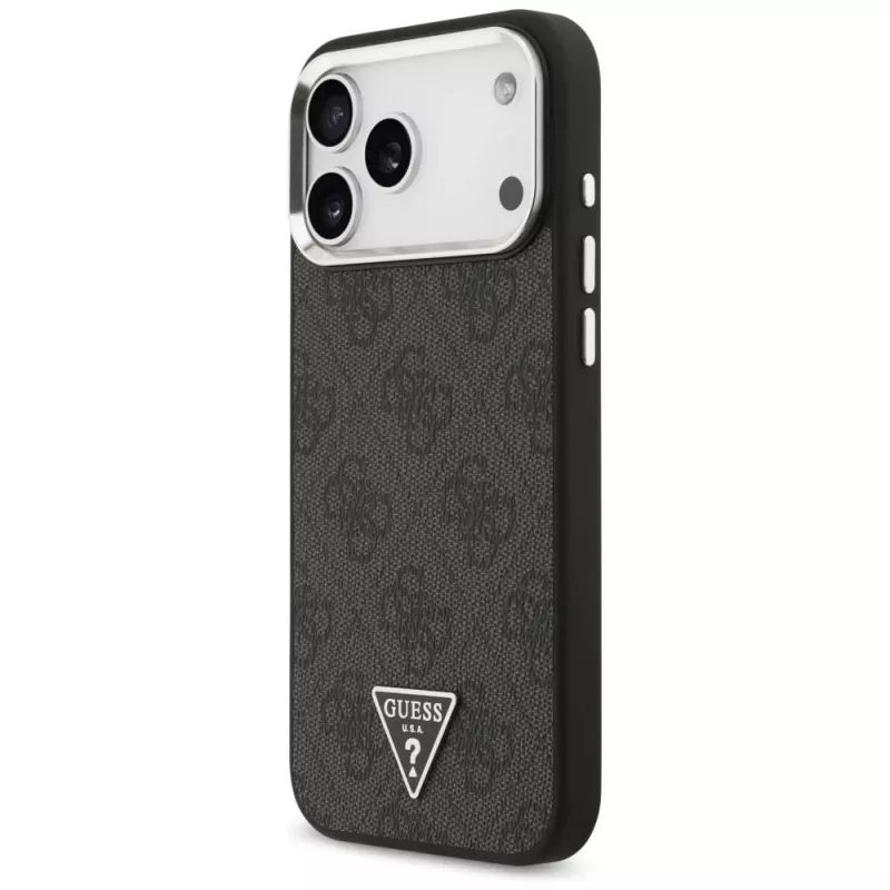 GUESS 4G Triangle Logo MagSafe dėklas, skirtas iPhone 18 Pro Max / 17 Pro Max - juodas ir sidabrinis