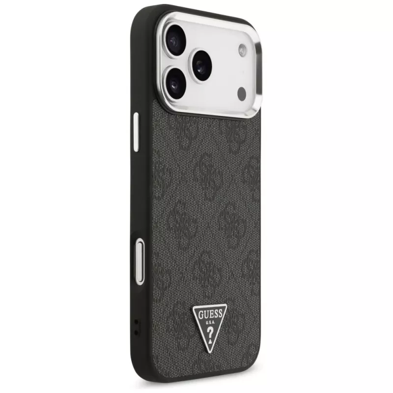 GUESS 4G Triangle Logo MagSafe dėklas, skirtas iPhone 18 Pro Max / 17 Pro Max - juodas ir sidabrinis