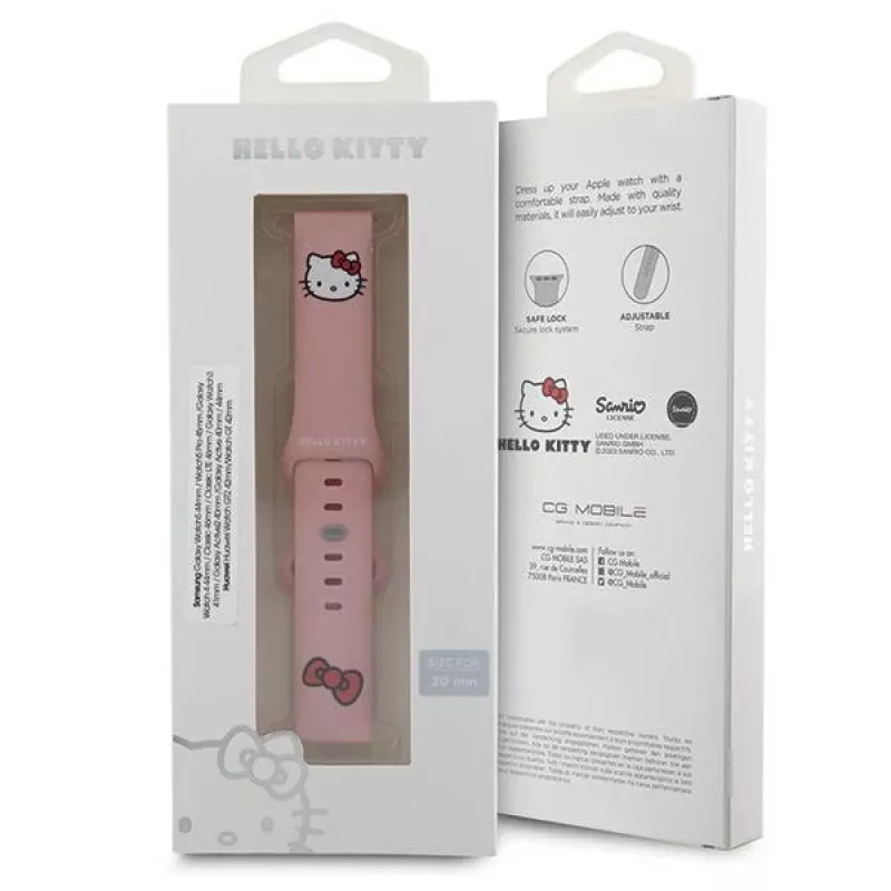 Hello Kitty Universalus silikoninis laikrodžio dirželis su Kitty galvutės motyvu, rožinis, 20 mm