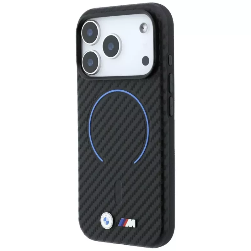 BMW M anglies pluošto rašto žiedinis MagSafe dėklas, skirtas iPhone 18 Pro Max / 17 Pro Max - juodas