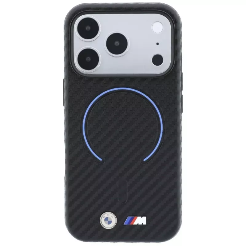BMW M anglies pluošto rašto žiedinis MagSafe dėklas, skirtas iPhone 18 Pro Max / 17 Pro Max - juodas