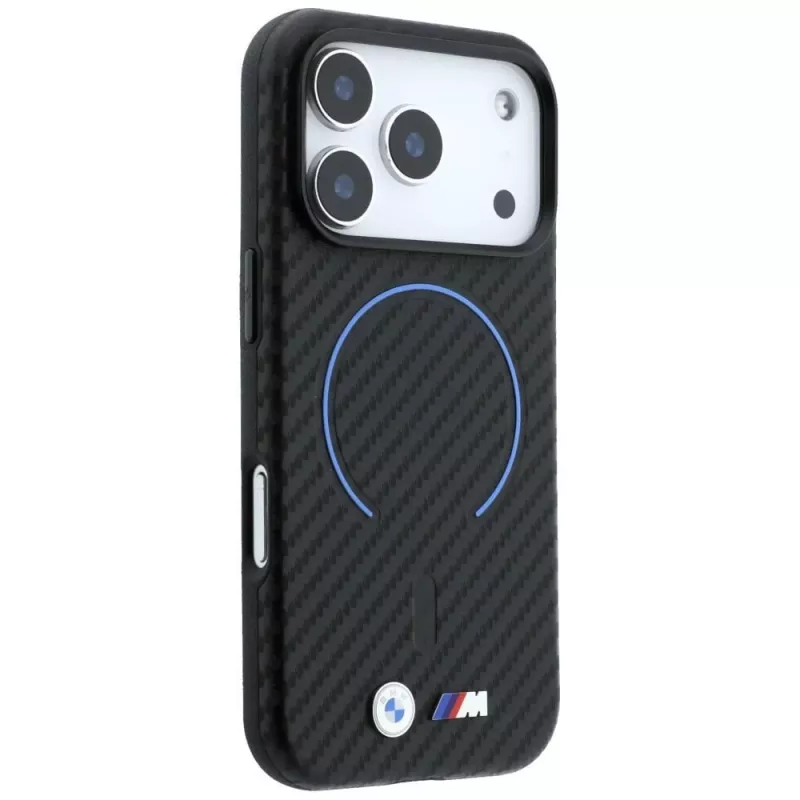 BMW M anglies pluošto rašto žiedinis MagSafe dėklas, skirtas iPhone 18 Pro Max / 17 Pro Max - juodas