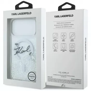 Karl Lagerfeld Liquid Glitter Karl Script Logo MagSafe dėklas, skirtas iPhone 17 Pro, permatomas