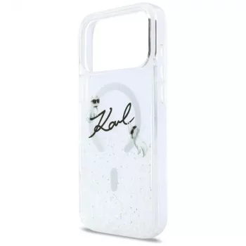 Karl Lagerfeld Liquid Glitter Karl Script Logo MagSafe dėklas, skirtas iPhone 17 Pro, permatomas
