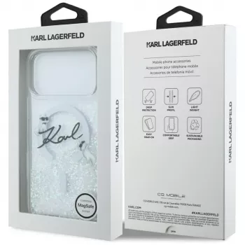 Karl Lagerfeld Liquid Glitter Karl Script Logo MagSafe dėklas, skirtas iPhone 17 Pro Max, permatomas