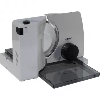 Ritter Compact 7 elektrinis universalus maisto pjaustytuvas su 65 W Eco varikliu, dantytu nerūdijančio plieno peiliu, 0-20 mm pjovimo storiu, sulankstomu dizainu, prisisiurbiančiomis kojelėmis, juoda/sidabrinė
